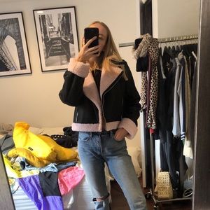 Blogger gifted worn worn shearling lined jacket